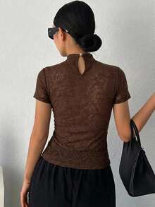 DAZY Solid Color Round Neck Fitted Short Sleeve Base Layer T-Shirt For Women Fall - Rust Brown - View 5