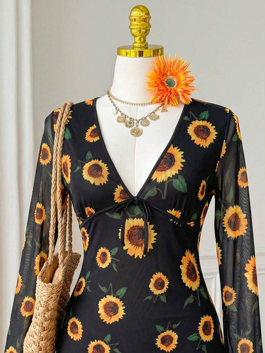 SHEIN EZwear 大尺碼女款V領花卉印花休閒度假夏季連身裙 秋季 - 彩色 - 查看 1