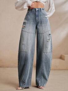 Anewsta Deconstructed Patchwork Distressed Curved Leg Wide Leg Jeans - Blue - View 4
