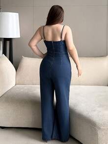 Dazy Plus Jumpsuit Denim Wanita Ukuran Besar Model Pas Badan dengan Tali Bahu Tipis, Warna Biru Tua Gaya Kasual Musim Semi/Panas - Dark Wash - View 4