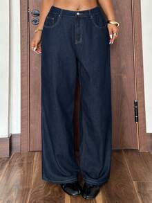 Dazy Plus Dark Wash Blue Loose Wide Leg Street Style Plus Size Women All Season Long Floor-Length Denim Jeans - Dark Wash - View 5