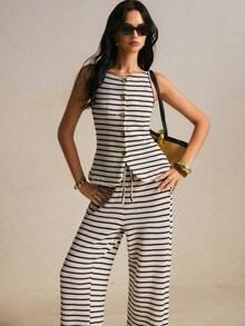 Poéselle Women's Striped Knit 2-Piece Set, Sleeveless Striped Knit Top With Button Design And  Pants, Suitable For Dating, Vacation,Summer/Autumn Outfit - Multicolor - View 9