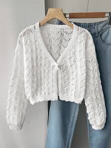 SHEIN Cardigan Rajut Berongga untuk Remaja Perempuan, Cocok untuk di Rumah, Jalan-jalan Santai, Liburan Pantai, Pesta, dan Lainnya, Nyaman, Serbaguna, dan Lembut - Putih - View 5