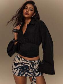 TypaGal Women's Solid Color Button Half-Placket Textured Waist-Cinched Long Sleeve Top Night Black Autumn Sexy - Black - View 4