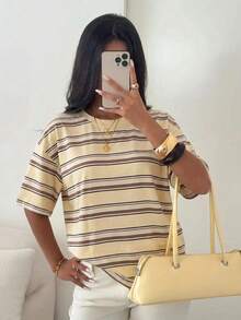 Aloruh Women's Spring/Summer Pink And Purple Striped Short Sleeve T-Shirt, Suitable For Streetwear 90s, Daily, Casual, Y2K Back-To-School Everyday Student - Multicolor - View 7