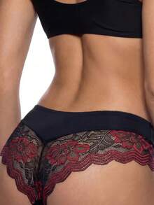 AltBold 1pc Sexy Black & Red Lace Patchwork Thong Panty - Multicolor - View 2