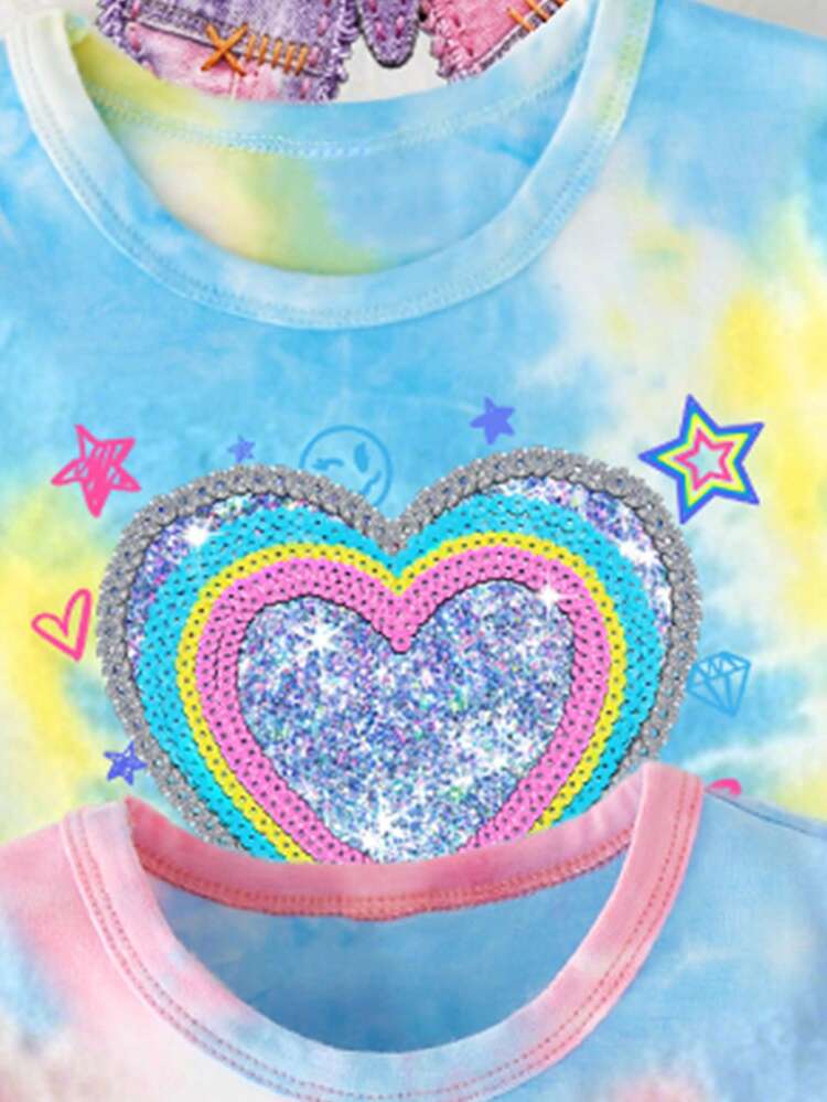 (Patrón Aleatorio, 2 Sets Aleatorios) Conjunto de Camiseta Corta y Shorts Casual Básico para Niñas Pequeñas de Todas las Estaciones, Estilo de Playa de Verano con Estampado Creativo Fresco de Tie-Dye, Brillo, Lazo y Limón, para Vacaciones de Verano - Multicolor - Añade 6