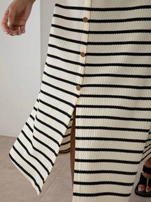 ELLERISSA Plus Size White & Black Stripe Round Neck Sleeveless Front Button Waffle Knit Midi Dress - Black and White - View 6