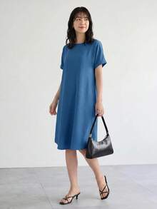 SHEIN LUNE Women Solid Color Round Neck Short Sleeve Casual Dress - Dusty Blue - View 2