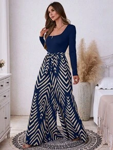 SHEIN LUNE 黑色連身褲，女款純色羅紋拼接幾何印花波希米亞休閒長袖連身褲，休閒 - 藏蓝色 - 查看 5