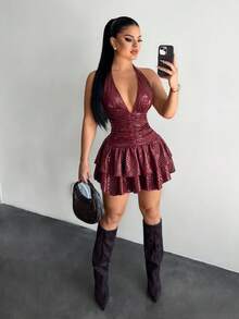 SHEIN SXY 女款掛脖綁帶抓皺性感約會迷你洋裝 - 酒紅色 - 查看 5