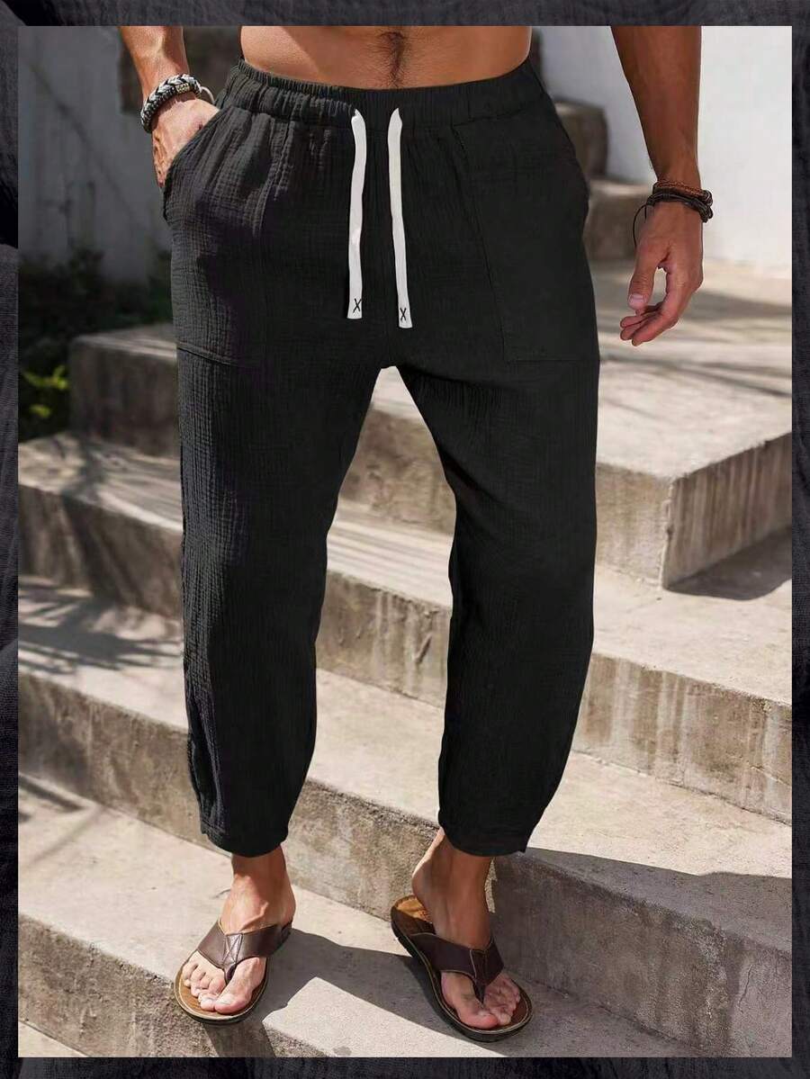 VENTUSAIL 男士100%纯棉抽绳腰带口袋休闲九分裤,黑色亚麻裤,抽绳休闲亚麻裤,秋季/假日亚麻裤 - 黑色 - 查看 1