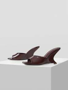 Mnmlis The New Square Toe Has A Special-Shaped Wedge Heel Design Sense, Open-Toed Fashion And Simple Temperament, And Is Versatile For Daily Commuting Parti - Brown - View 2