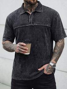 Manfinity CasualCool 男士水洗做舊 Polo 衫，街頭休閒，夏季 - 黑色 - 查看 5