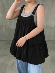 Dazy Plus Solid Color Patchwork Wide Strap Layered Casual Girl Camisole With Tulip Hem Black Versatile Tank Top Cute Tops - Black - View 6