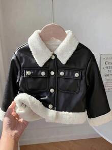 SHEIN 女嬰秋冬可愛百搭保暖內裡翻領夾克外套 - 黑色 - 查看 4