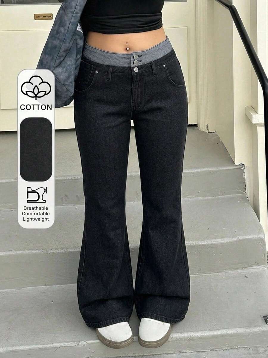 Dazy Plus Fashion Casual Colorblock Patchwork Waistband 3-Button Decor Loose Straight Leg Long Plus Size Women's Jeans All Season - Dark Wash - View 1