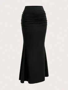 Breezaya Plus Size Solid Black High Waist Side Ruched Slim Fit Mermaid Maxi Skirt Women Summer Casual Going Out - Multicolor - View 6