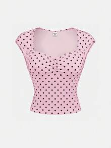 青少年女孩圓點波點 T-shirt，休閒極簡運動風，粉色圓點 - 白色 - 查看 3