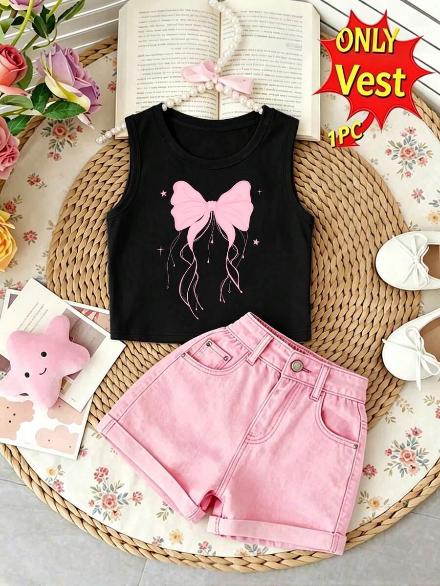 Girls' Creative Fresh Pink Bow Pattern Print Casual Basic Tank Top - Black - View 1