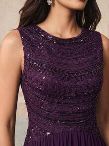 Anewsta Women's New Elegant Sequin Beaded Pleated Chiffon Waist-Cinching Dress, Suitable For Spring/Summer Daily Wear, Party, Evening Dress, Outing, Purple - Purple - View 1