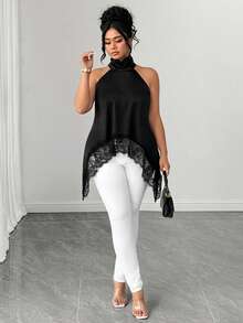Elenzga Women's Lace Patchwork Casual Versatile Daily Blouse Plus Size Shirt - Black - View 6