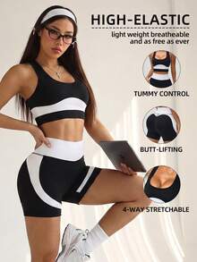 Easithlete Easithlete Contrast Color U-Neck Sleeveless Fitted Workout Set - Black and White - View 5
