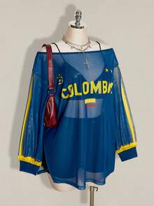 SHEIN ICON 大尺碼 Y2K 鄉村牛仔 90 年代復古龐克印花透視網紗寬開衩迷你洋裝，黃色與海軍藍，秋季度假外出演唱會穿搭 - 藍色 - 查看 5