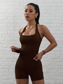 Dewbera Dewbera 女式纯色露背瑜伽背心和高腰短裤运动套装 - 彩色 - 查看 7