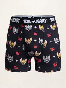 TOM & JERRY X SHEIN 男士字母與卡通印花休閒日常四角內褲 - 黑色 - 查看 1