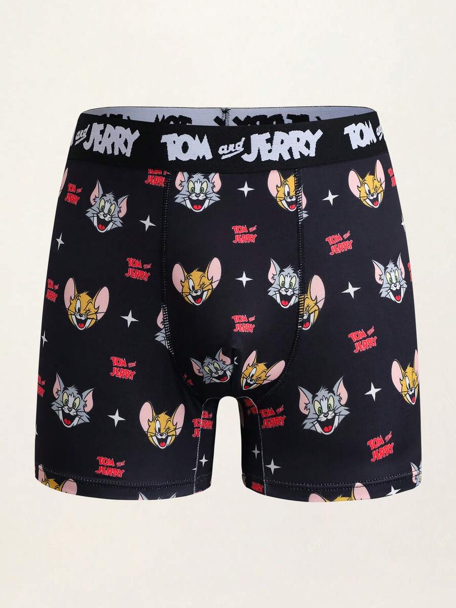 TOM & JERRY X SHEIN 男士字母與卡通印花休閒日常四角內褲 - 黑色 - 查看 1