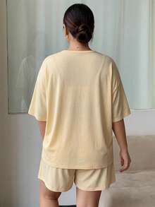 Dazy Plus Solid Color Knit Round Neck Top & Shorts Pajama Set Summer - Yellow - View 2