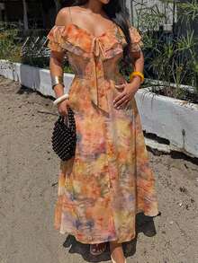 Dazy Plus Floral Print Spaghetti Strap Dress, Elegant French Style, Flutter Sleeves, Plus Size Women's Long Dress For Spring Summer Vacation - Multicolor - View 2