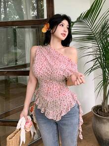 Modelyn 女款黃色碎花不對稱單肩荷葉邊百褶性感極簡度假上衣 - 粉色 - 查看 4