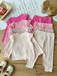 SHEIN Vintaside Kids 女嬰 0-3 歲 8 件組 春秋可愛休閒簡約外出套裝 4 件上衣與 4 件長褲 - 彩色 - 查看 2