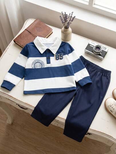 Souflis Souflis 2 pièces/Ensemble Bébé Garçon Polo Rayé Bleu & Blanc & Jean Denim, Tenue de Rentrée Automne, Avec Imprimé Badge Numéro, Ensemble Décontracté