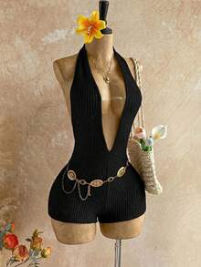 Soleia Women's Vacation Black Ribbed Knit Deep V Backless Bodysuit, Fashionable Fitted Romper For Party, Date, Afternoon Tea, Boho Beach Summer Outfit - Black - View 4