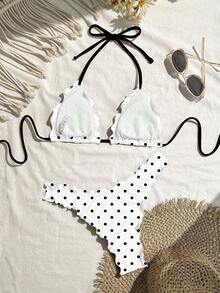 Swim Mod Conjunto de bikini sexy de unicolor con volantes y alta elasticidad para mujer, ideal para vacaciones - Blanco - Ver 2
