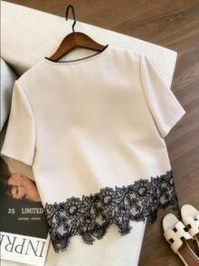 SHEIN Elenzya Plus Size Linen Blend Short Sleeve Contrast Black Floral Lace Hem Round Neck Button Front Cardigan Teachers' Day Office Summer Elegant - Apricot - View 2