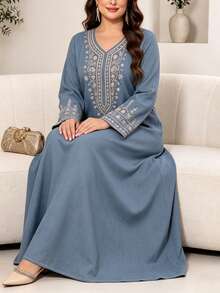 SHEIN Najma 女款時尚V領長袖洋裝，朦朧藍底小碎花領印花，優雅阿拉伯風春夏季長洋裝 - 彩色 - 查看 5