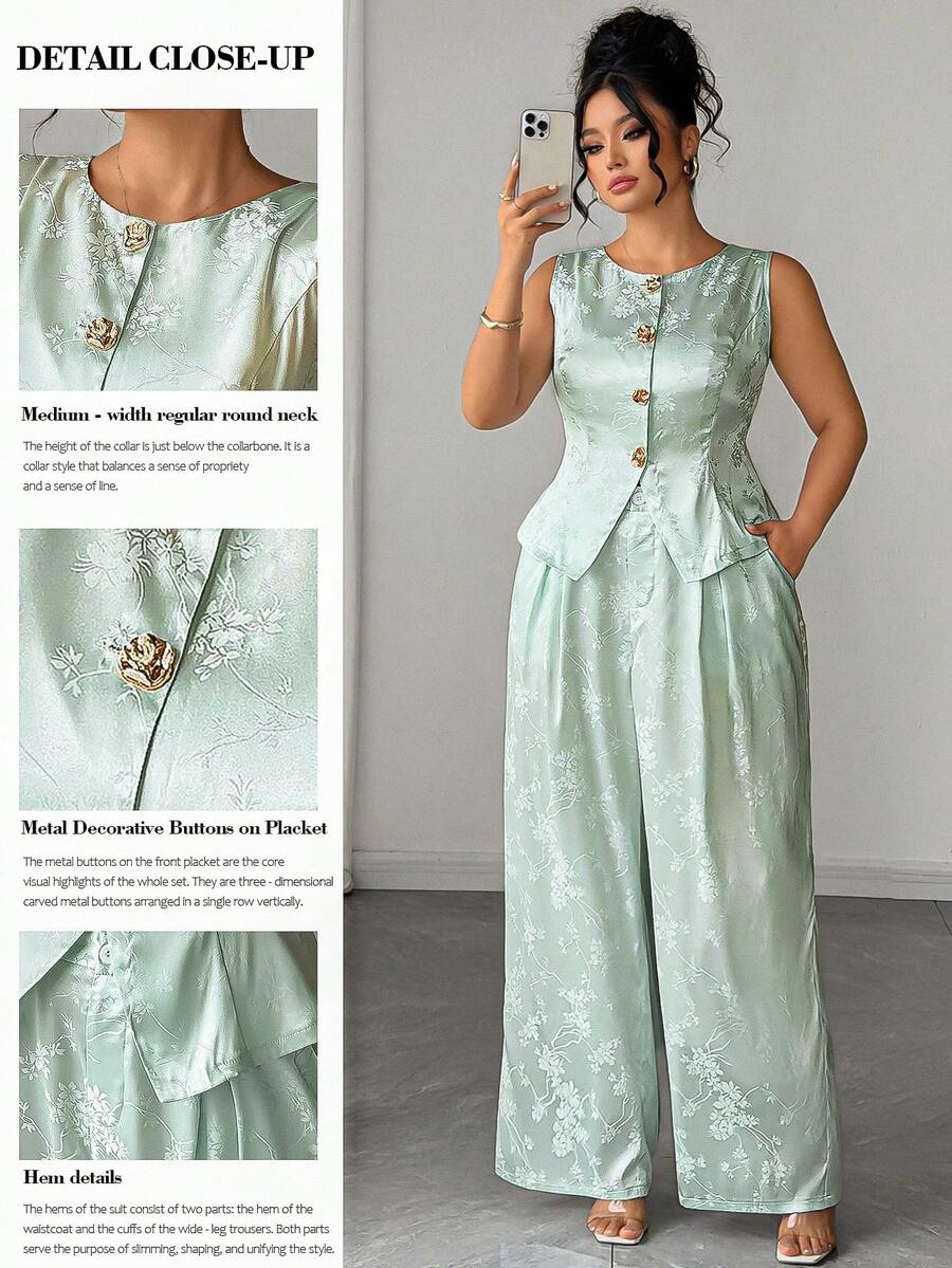 Elenzga Plus Size Women's Floral Print Metal Single-Breasted Top And Wide Leg Pants Casual Daily Outfit - Mint Green - View 1