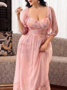 Modelyn 大尺碼女款時尚簡約花卉印花優雅收腰顯瘦洋裝 - 粉色 - 查看 4