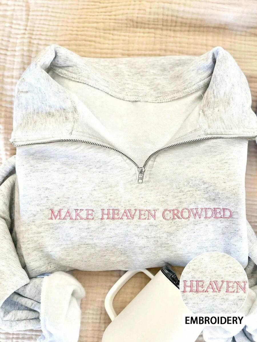 INAWLY 1/4 Zip Embroidered "Make Heaven Crowded" Sweatshirt , Christian Hymn Pullover Fall - Grey - View 1