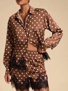 Travachic Women's Polka Dot Long Sleeve Loose Casual Top & Shorts 2pcs Set - Brown - View 2
