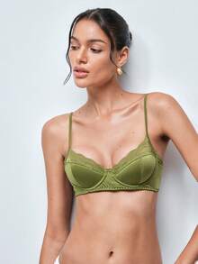 Softvol Lace Patchwork Wireless Padded Adjustable Spaghetti Strap Sexy Bra For Women Lingerie For Women - Green - View 6