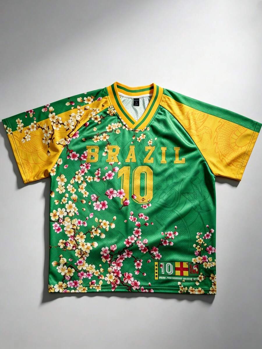 ROMWE MEN Street Life 2026 World Cup Brazil Floral Print Soccer T-Shirt For Men - Multicolor - View 1