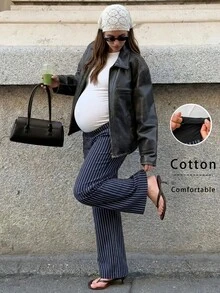 MaterniWear Pantalones de pierna recta a rayas azul marino para maternidad, casual, elegante, chic, para ir al trabajo y baby shower, otoño - Azul - Ver 12