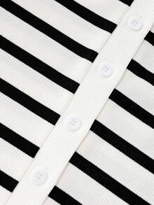 SHEIN PETITE Women's Striped Square Neck Single-Breasted Short Sleeve Casual T-Shirt - Multicolor - View 6
