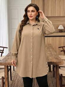 Lacomfia Plus Size Solid Color Long Sleeve Textured Fabric Casual Commute Embroidered Pony Long Shirt - Khaki - View 4