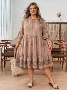 SHEIN CURVE+ 夏季度假休閒印花大尺碼洋裝 - 棕色 - 查看 7